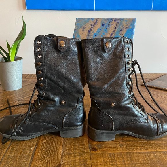 Gently-Used Black Combat Boots with Reversible Camo-Print Inside - Picture 1 of 5